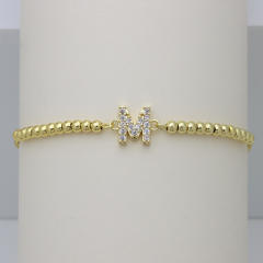 Delicate diamond initial letter gold plated copper bead bracelet