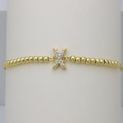 Delicate diamond initial letter gold plated copper bead bracelet
