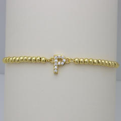 Delicate diamond initial letter gold plated copper bead bracelet