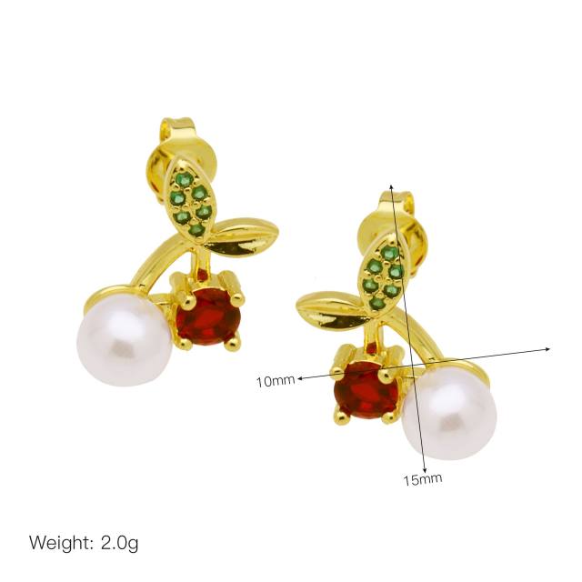Hot sale sweet red color ladybug cherry gold plated copper earrings