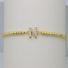 Delicate diamond initial letter gold plated copper bead bracelet