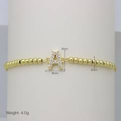 Delicate diamond initial letter gold plated copper bead bracelet