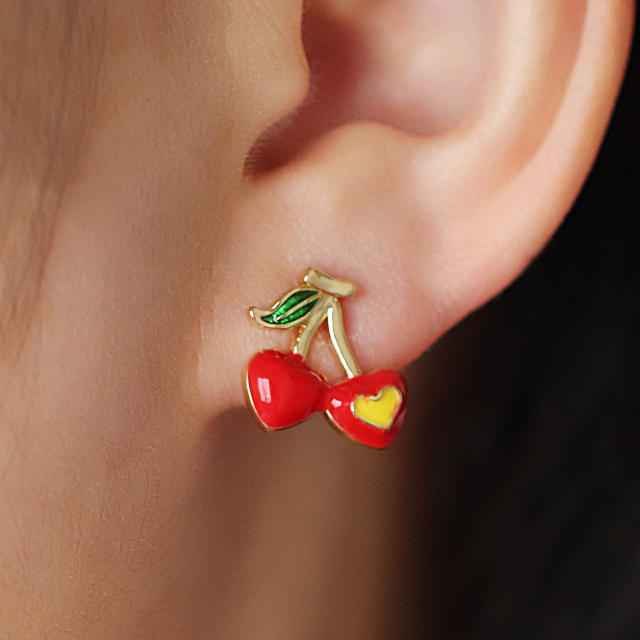 Hot sale sweet red color ladybug cherry gold plated copper earrings