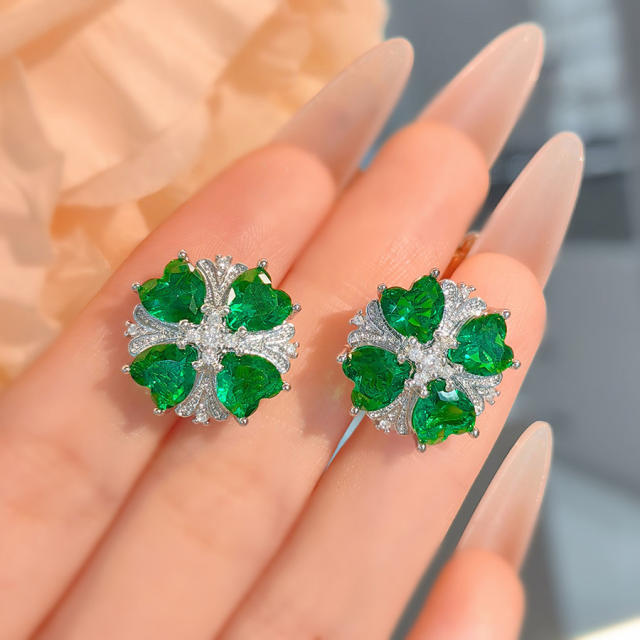 Luxury Heart-shaped Four-leaf Clover Pendant Necklace Flower Ring Emerald Diamond Earrings set