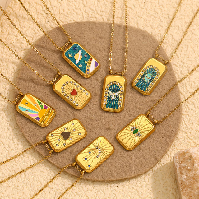 18KG enamel Tarot block pendant stainless steel necklace