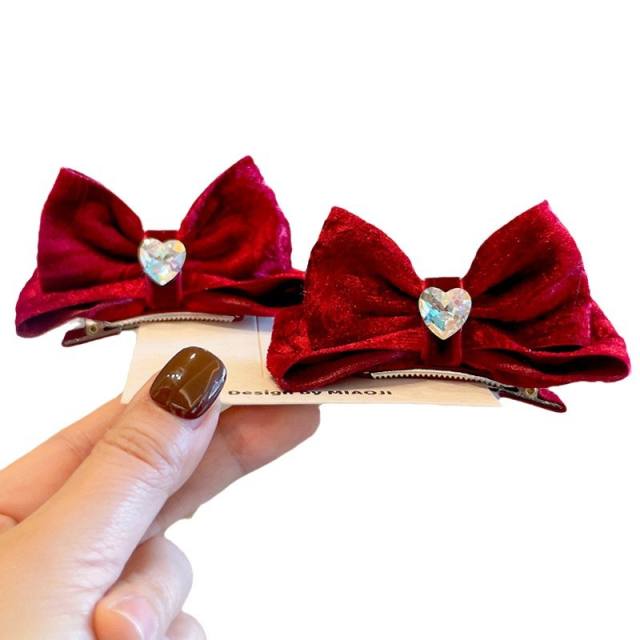 Sweet velvet bow diamond heart hair clips set for kids 2pair set