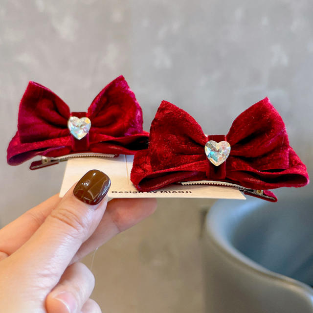 Sweet velvet bow diamond heart hair clips set for kids 2pair set