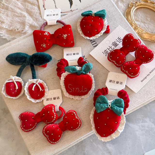 Sweet red color new year apple cherry strawberry fruit series hair ties hair clips for kids 2pcs price
