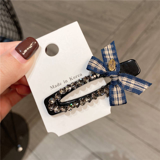 Vintage sweet plaid bow diamond duckbill hair clips