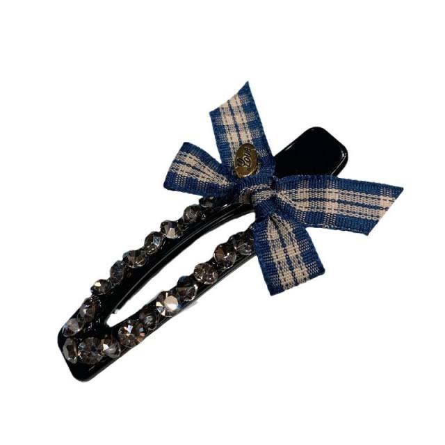 Vintage sweet plaid bow diamond duckbill hair clips