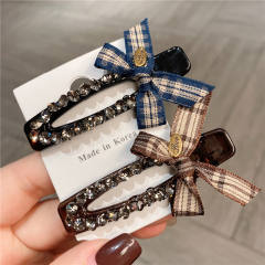 Vintage sweet plaid bow diamond duckbill hair clips