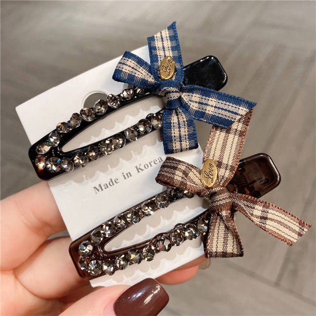 Vintage sweet plaid bow diamond duckbill hair clips