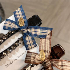 Vintage sweet plaid bow diamond duckbill hair clips