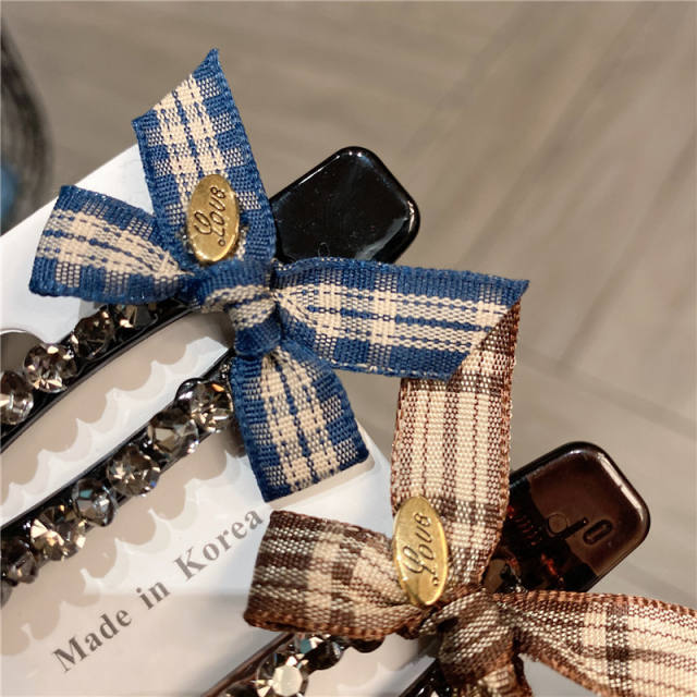 Vintage sweet plaid bow diamond duckbill hair clips