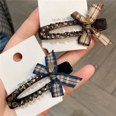 Vintage sweet plaid bow diamond duckbill hair clips
