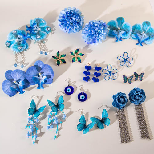 Elegant blue color fabric flower butterfly beach holiday earrings collection