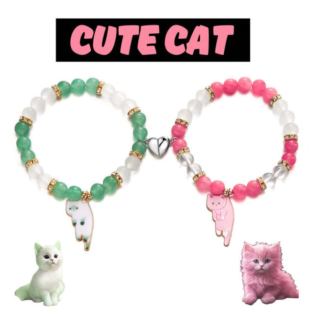 Sweet enamel cart charm beaded bracelet cute two kitten pendant love magnetic couple bracelet