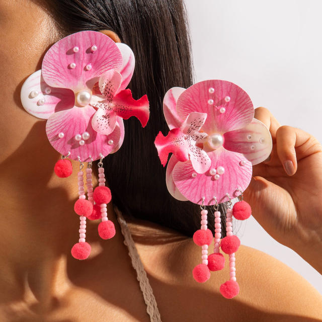 Fashion pink color fabirc flower holiday earrings collection