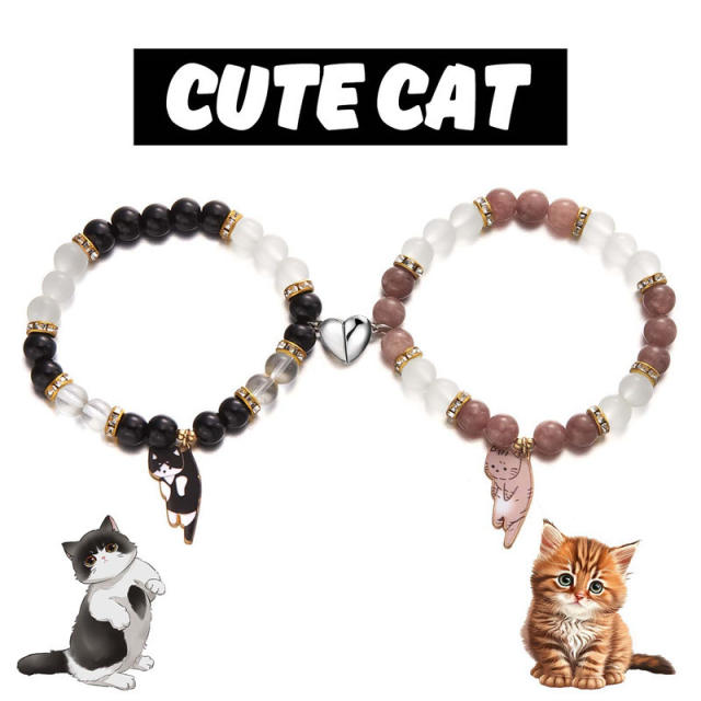 Sweet enamel cart charm beaded bracelet cute two kitten pendant love magnetic couple bracelet