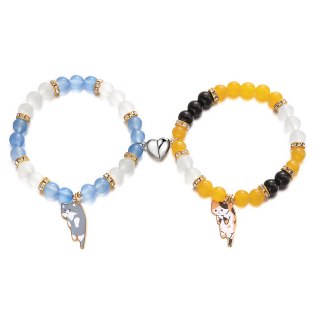 Sweet enamel cart charm beaded bracelet cute two kitten pendant love magnetic couple bracelet