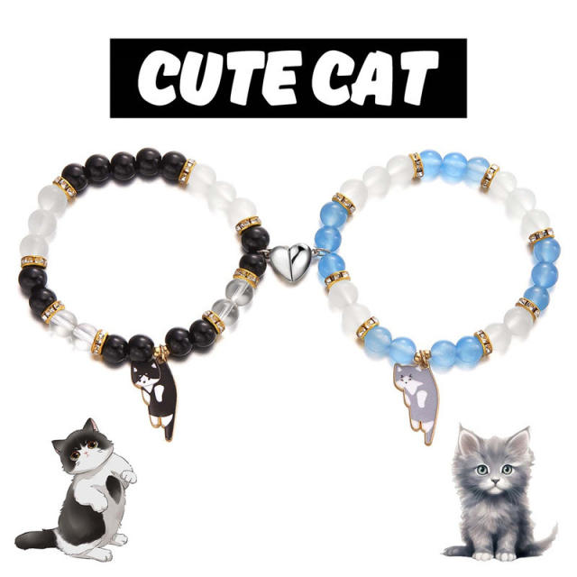 Sweet enamel cart charm beaded bracelet cute two kitten pendant love magnetic couple bracelet