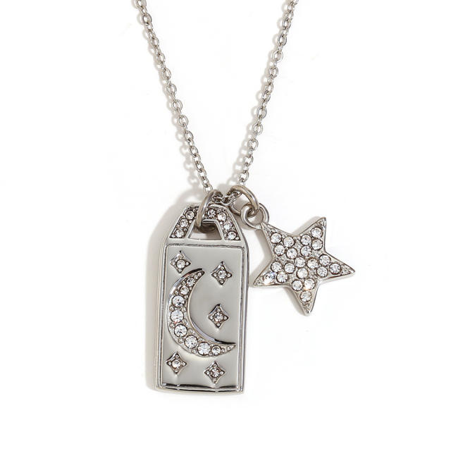 18KG diamond star moon block pendant stainless steel necklace
