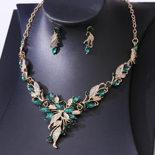 Korean Bridal Jewelry Necklace Earrings Two-Piece Bridal Diamond Leaves Wedding Dress Accessories
