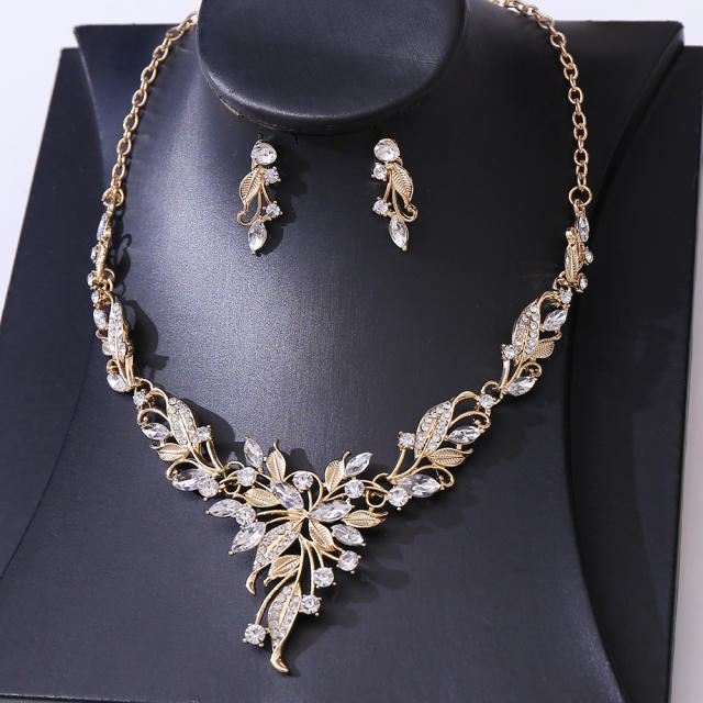 Korean Bridal Jewelry Necklace Earrings Two-Piece Bridal Diamond Leaves Wedding Dress Accessories