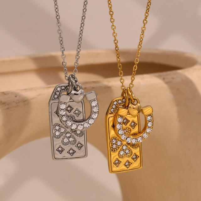 18KG dainty diamond clover block pendant stainless steel necklace