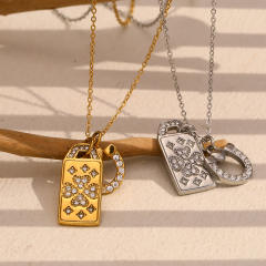 18KG dainty diamond clover block pendant stainless steel necklace
