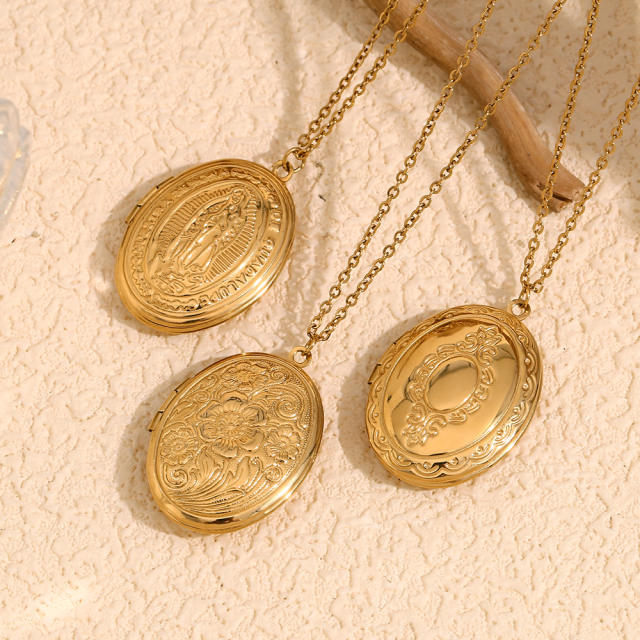 Creative High-grade Pendant Stainless Steel Plated 18K Gold Double-sided oval locket necklace