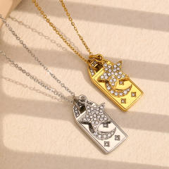 18KG diamond star moon block pendant stainless steel necklace