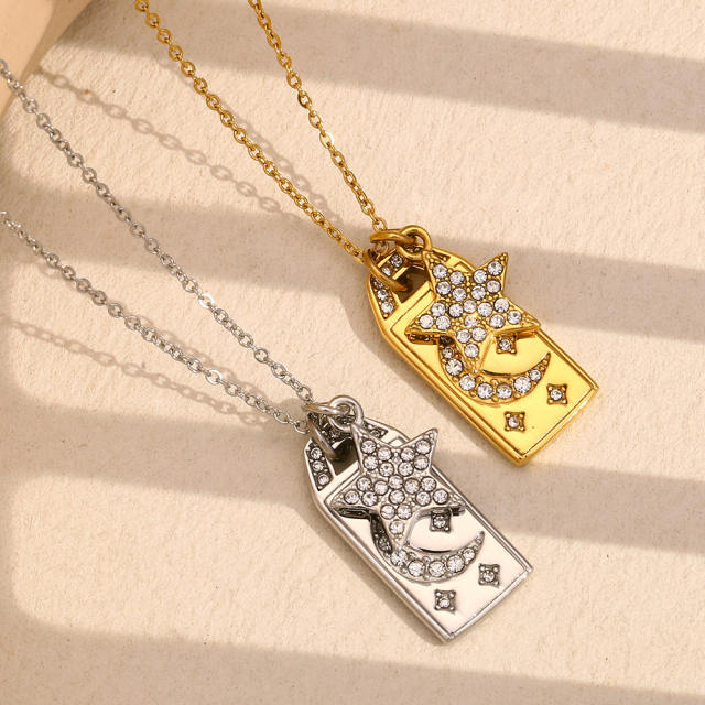 18KG diamond star moon block pendant stainless steel necklace