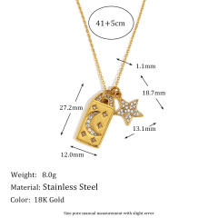 18KG diamond star moon block pendant stainless steel necklace