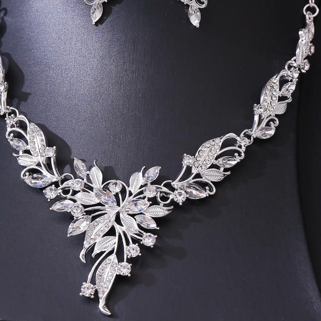 Korean Bridal Jewelry Necklace Earrings Two-Piece Bridal Diamond Leaves Wedding Dress Accessories