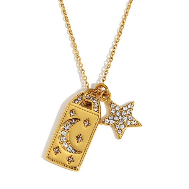18KG diamond star moon block pendant stainless steel necklace