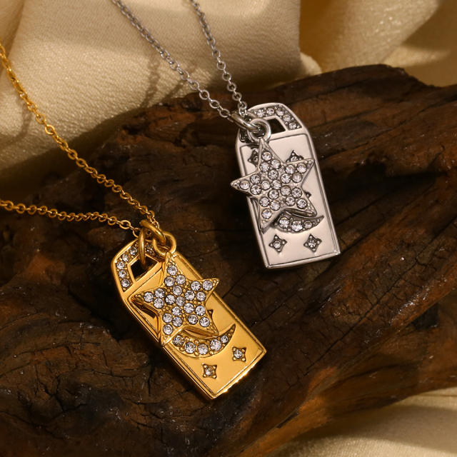 18KG diamond star moon block pendant stainless steel necklace