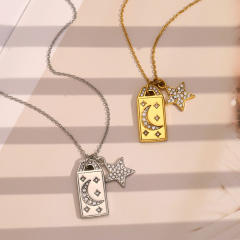 18KG diamond star moon block pendant stainless steel necklace