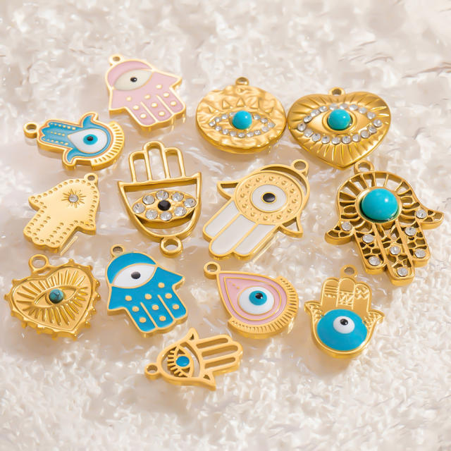 DIY gold plated stainless steel evil eye hasma hand charm for necklace bracelet