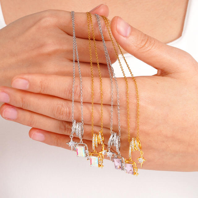 Dainty AB color cubic zircon star pendant stainless steel chain necklace