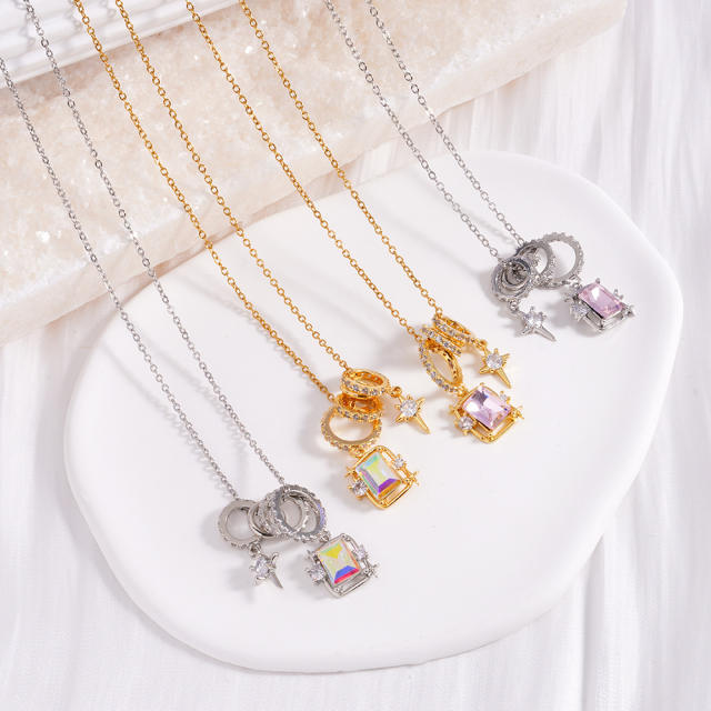 Dainty AB color cubic zircon star pendant stainless steel chain necklace