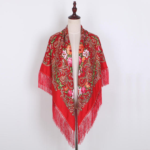 130cm Fashionable Floral Print Scarf Shawl Women's Wrap Scarf Soft Polyester Fabric Multicolor tassel scarf