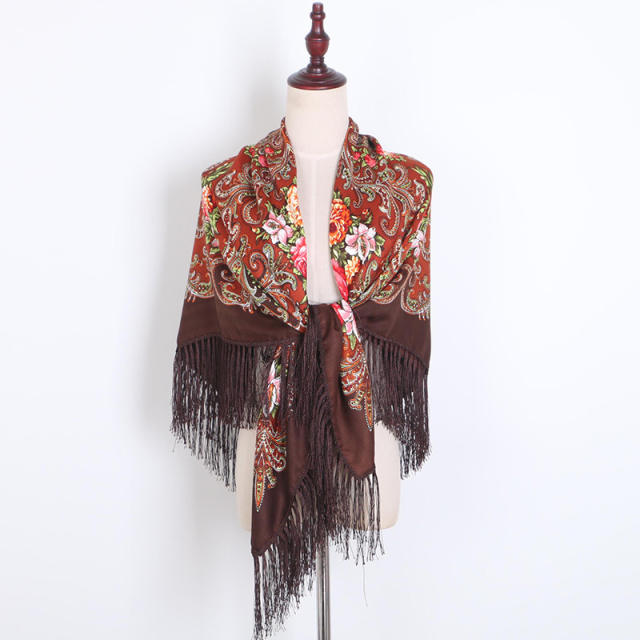 130cm Fashionable Floral Print Scarf Shawl Women's Wrap Scarf Soft Polyester Fabric Multicolor tassel scarf