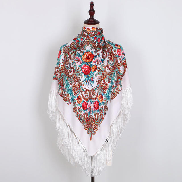 130cm Fashionable Floral Print Scarf Shawl Women's Wrap Scarf Soft Polyester Fabric Multicolor tassel scarf