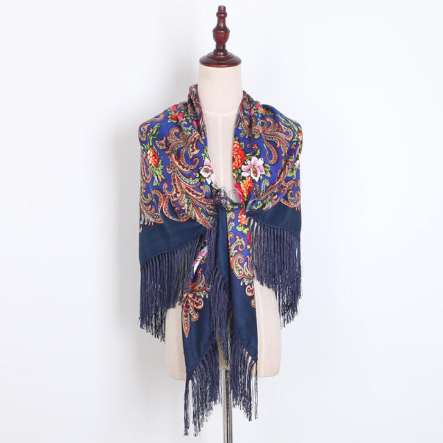 130cm Fashionable Floral Print Scarf Shawl Women's Wrap Scarf Soft Polyester Fabric Multicolor tassel scarf