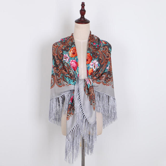 130cm Fashionable Floral Print Scarf Shawl Women's Wrap Scarf Soft Polyester Fabric Multicolor tassel scarf