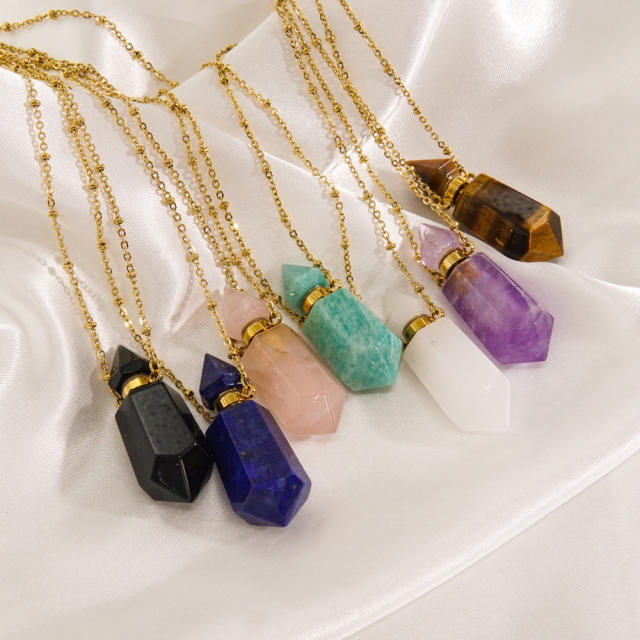 High-grade hexagonal column natural stone perfume bottle necklace stainless steel NECKLACE