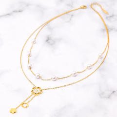 Delicate pearl bead two layer white shell flower stainless steel necklace