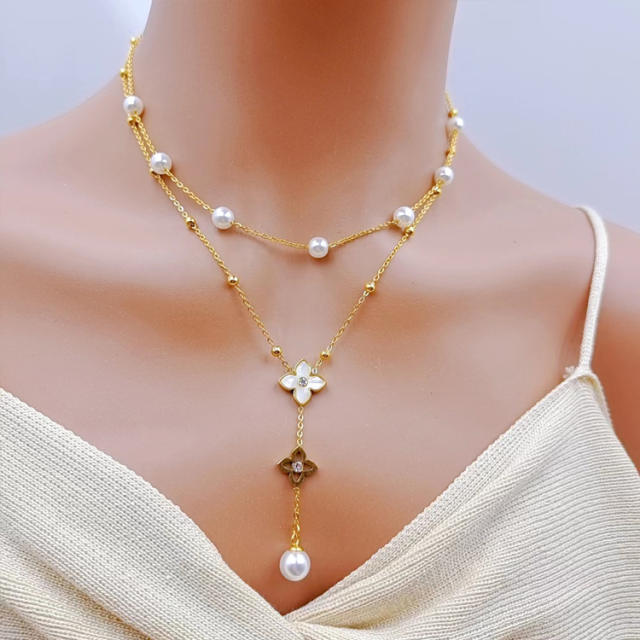 Elegant pearl bead classic white shell flower heart two layer stainless steel necklace