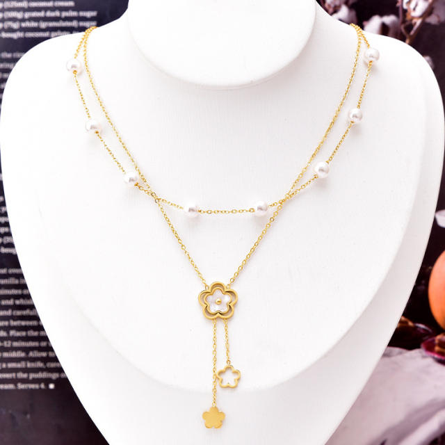 Delicate pearl bead two layer white shell flower stainless steel necklace